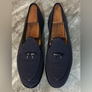 BELGIAN SHOES MR CASUAL LOAFER NAVY BLUE / BLACK TEXTILE SLIPPERS 9 $800 BOW TIE